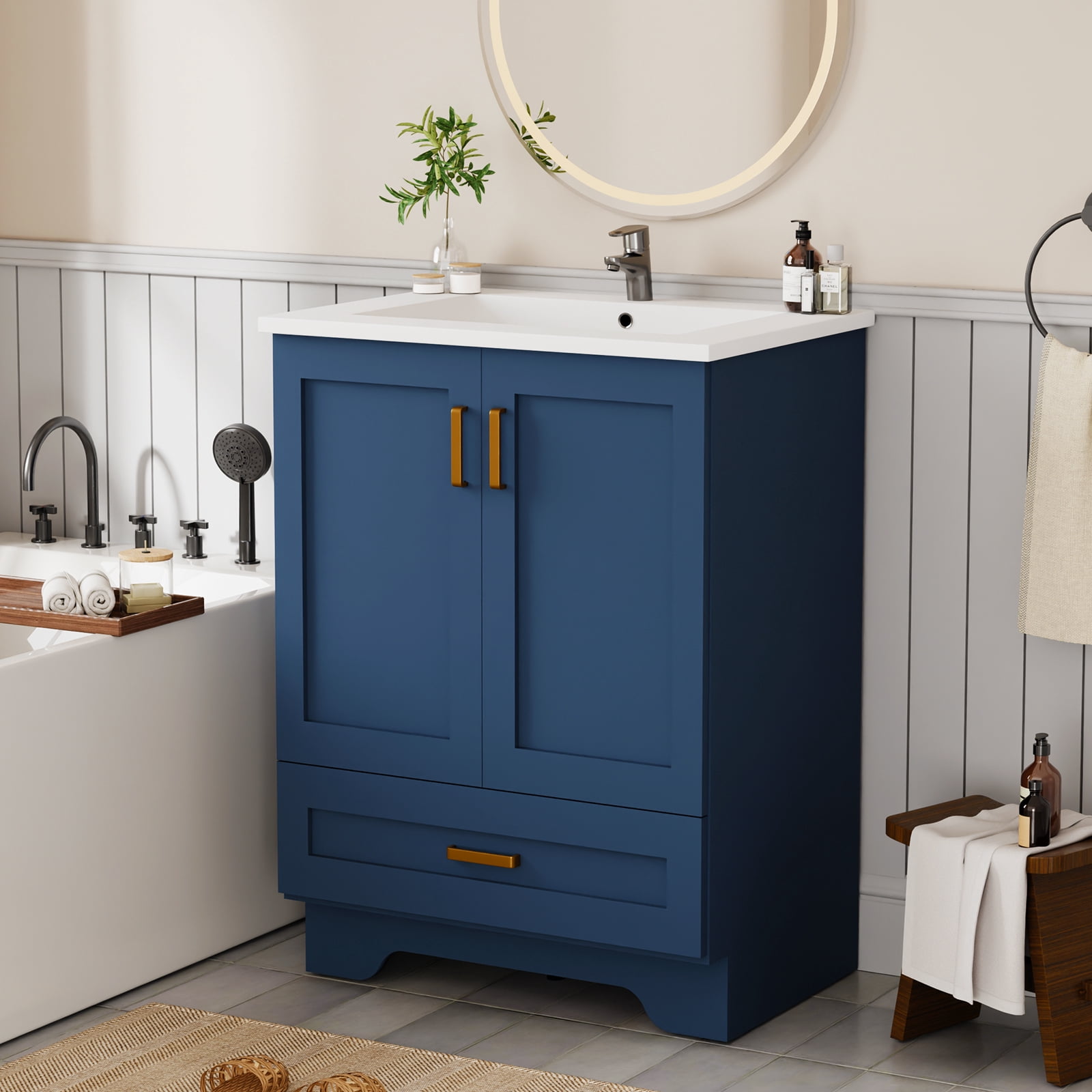 KZElegy 24" Bathroom Vanity with Ceramic Sink Freestanding Vanity Sink Cabinet with 2 Door & 1 Drawer,Blue