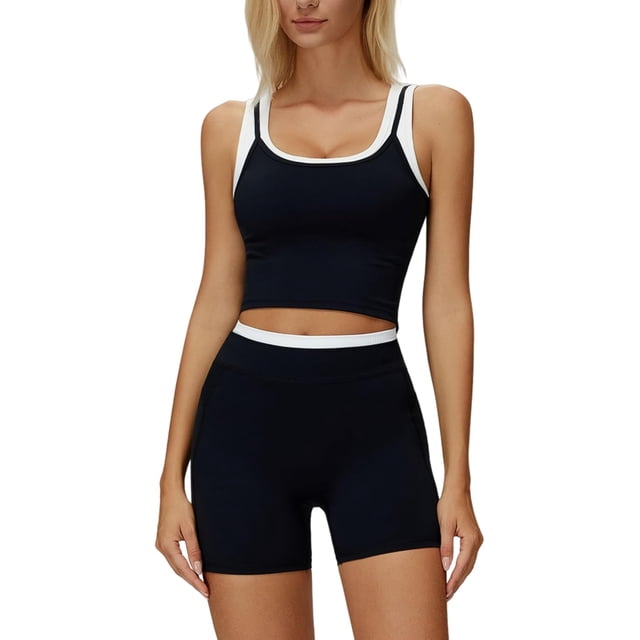 PISONIC Women Two Piece Workout Sets Color Block Backless Tank Top and High Waist Booty Lifting Shorts Gym Yoga Active Outfits