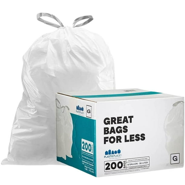 Bolsas De Basura Plasticplace De Ajuste Personalizado, Compatibles Con Simplehuman Code G (200 Unidades), Bolsas De Basura Con Cordón Blanco, 8 Galones/30 Litros, 17,5" X 28"