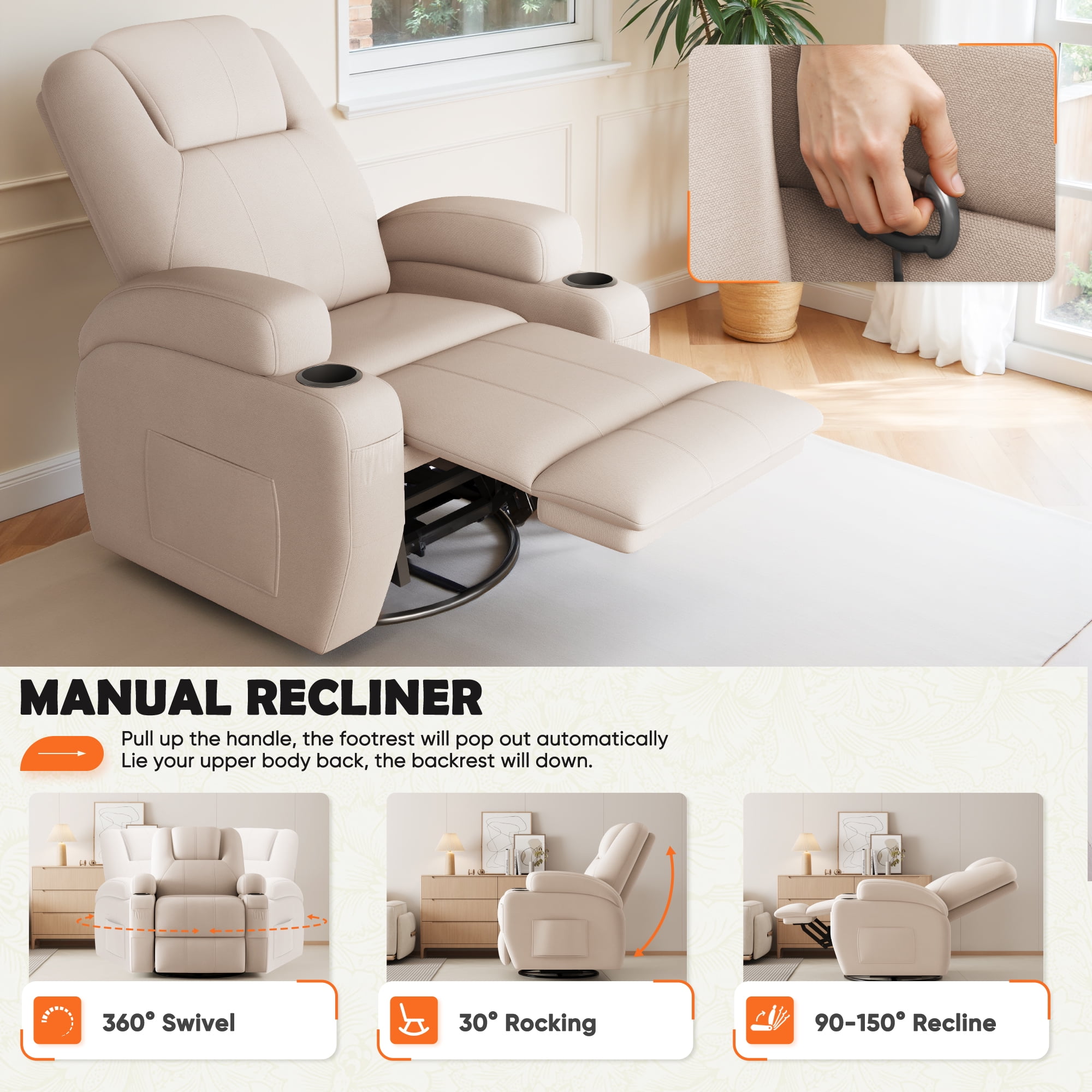 Furmax 360° Swivel Rocking Chair Power Massage Recliner With nursing Needs Oversized Furniture For Living Room,Beige