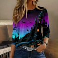 thumbnail image 6 of Shirts for Women Halloween Funny 3/4 Sleeve T Shirts Spooky Castle Bat Printed Tops Horror Round Neck Pullover Holiday Three Quarter Length Blouses, 2XL, 6 of 7