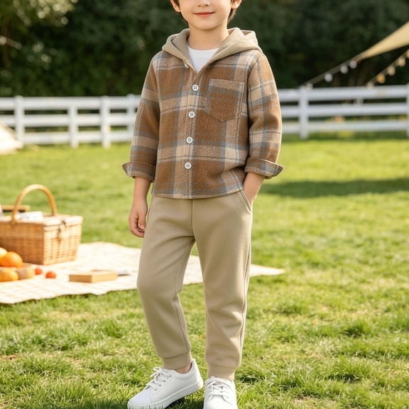 Fengqque Boy Outfits Long Sleeve Plaid Button Down Shirt Casual and Comfortable Pocket Sweatpants Multicolor-I 1-2 Years(1-2 Years)