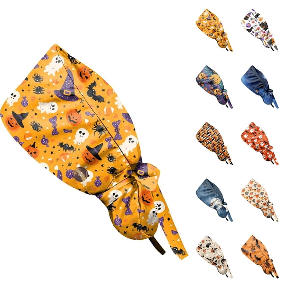 LNZGNM Halloween Women's Scrub Caps, Twist Knot Head Wrap, with Floral Applique, Stretchy and Easy for Everyday Style, Bad Hair Days, and Casual Wear,Blue(One Size)