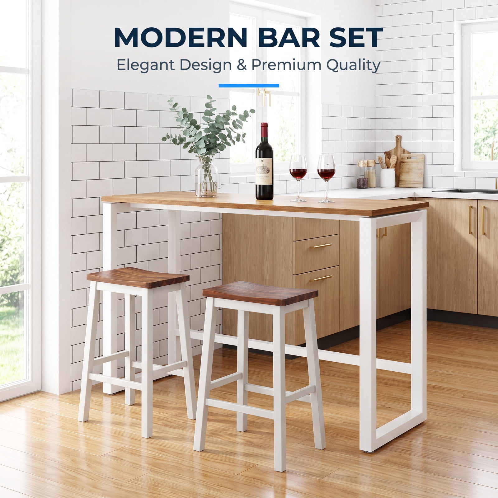 Furnibear 24.5-Inch Set of 2 Saddle Stools Bar Stools with Footrests for Kitchen Island-Walnut & Gray for Kitchen Island Counter Bar Pub, White