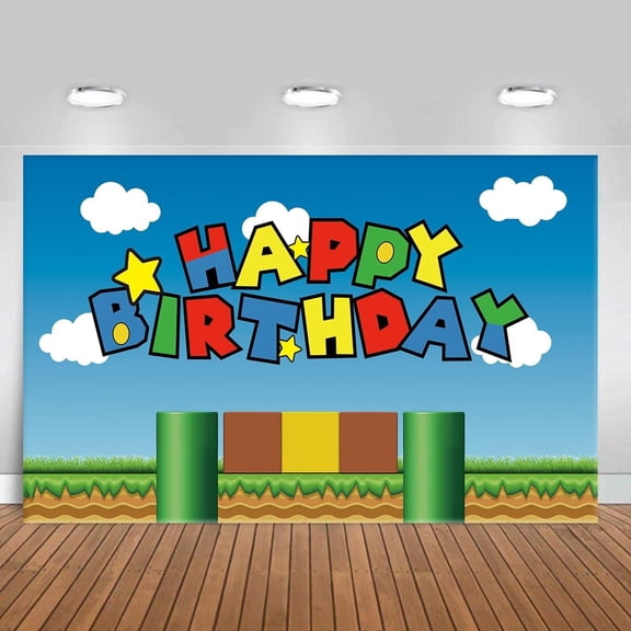 Super Bros Happy Birthday Party Backdrop, Baby Shower Cake Table Decoration Supplies, Super Bros Themed Banner (5X3FT)