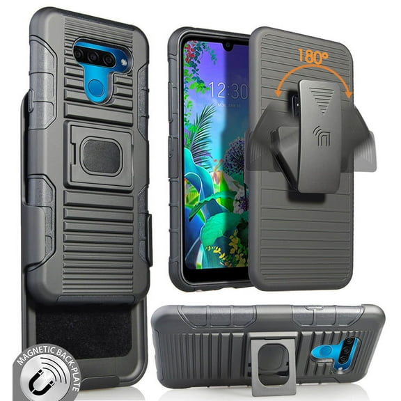 Case with Clip for LG K50/Q60, Nakedcellphone Black Rugged Ring Grip Cover [with Stand and Built-In Mounting Plate]   [Belt Hip Holster] for LG K50, LG Q60 (2019)
