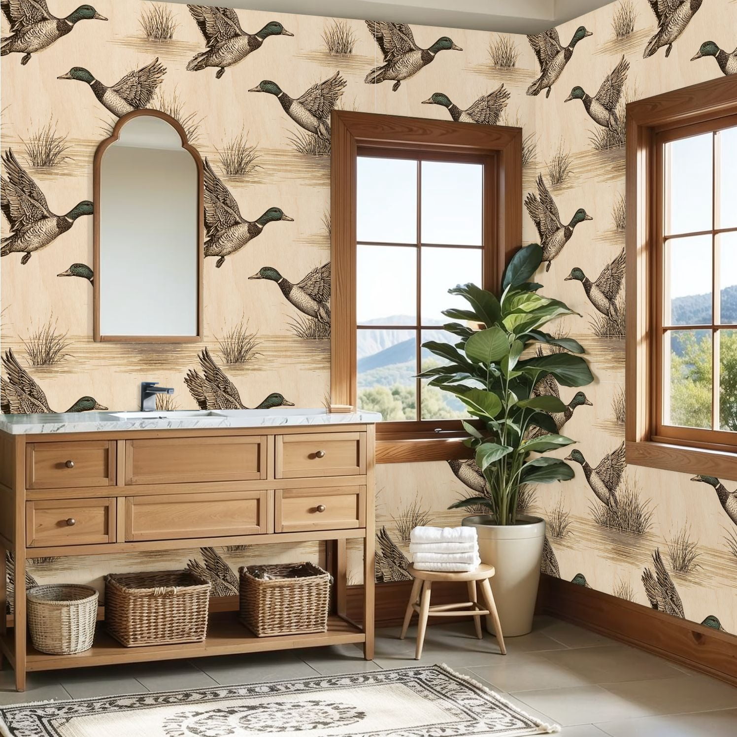 Peel and Stick Wallpaper Vintage Ducks Grasses Rustic Wood Wall Mural 23.6in x 9.8ft Self Adhesive Removable Wall Paper Renter Friendly Wallpaper for Nursery Bedroom Cabinets