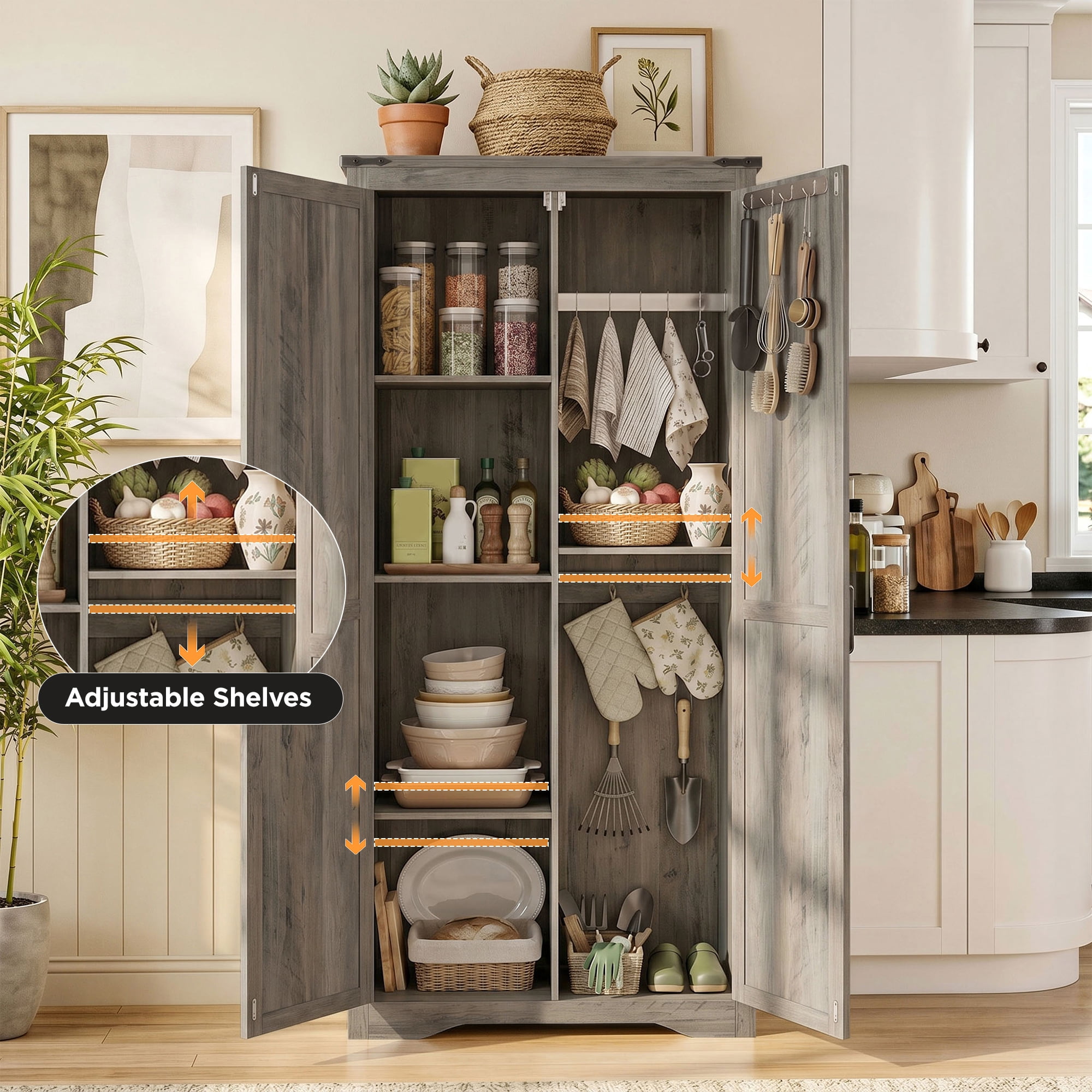 72" H Farmhouse Storage Cabinet with Adjustable Shelves, Large Pantry Organize with 2 Barn Doors, Tall Freestanding Cabinet for Kitchen, Bathroom/Garage/Basement/Living/Utility Room