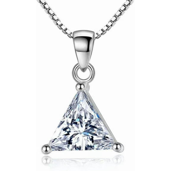 Womens Professional Grade 925 Silver Triangle Zircon Pendant Necklace Chain Jewelry-Silver[g056]