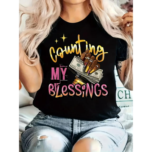 Women's Vintage-Inspired "Counting My Blessings" Graphic Tee - Black Polyester, Round Neck Short Sleeve with Money & Glitter Design, Machine Washable - Casual Summer Top