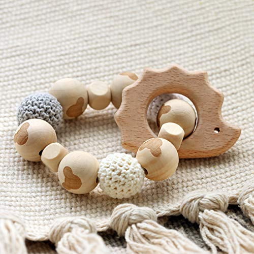 NEW 1X Safety Natural color Wooden Teether Crochet beads Baby Molar Stick Toy 