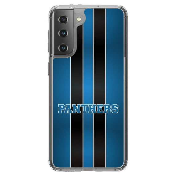 DistinctInk Clear Shockproof Hybrid Case for Galaxy S21  PLUS 5G (6.7" Screen) - TPU Bumper, Acrylic Back, Tempered Glass Screen Protector - Blue Black Panthers - Football Team
