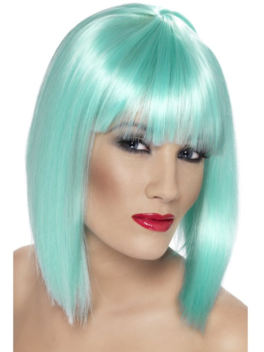 Adult Womens Glam Short Blunt Fringe Neon Aqua Wig Costume Accessory