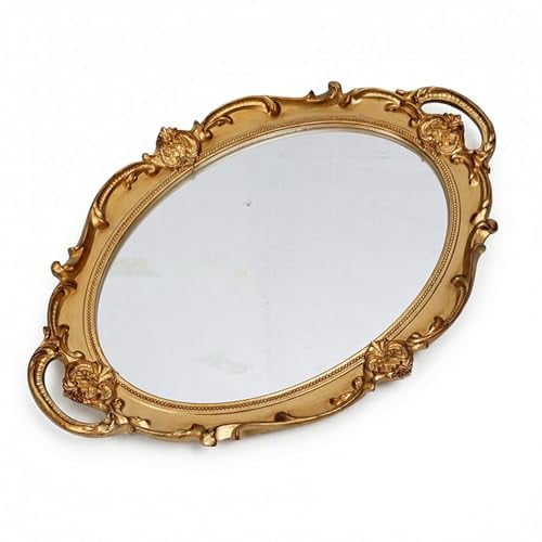 Oval Vintage Decorative Mirror Tray,14.6'' x 9.8'' Jewelry Dresser Organizer,Cosmetics Makeup Storage,Serving Tray (Golden)