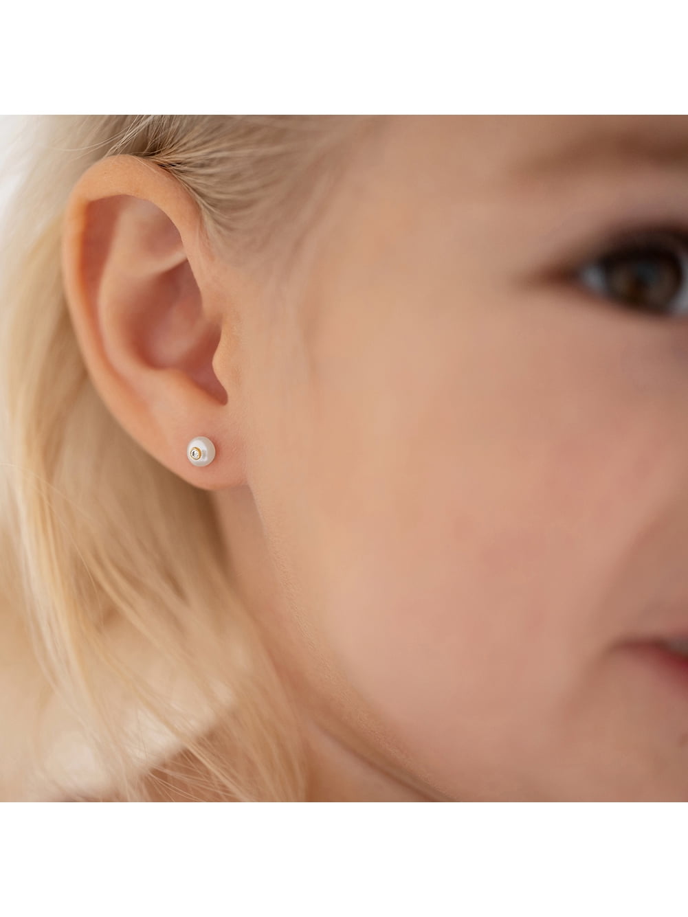14k Gold Simulated Pearl Clear CZ Baby / Toddler Earrings Safety Screw Back