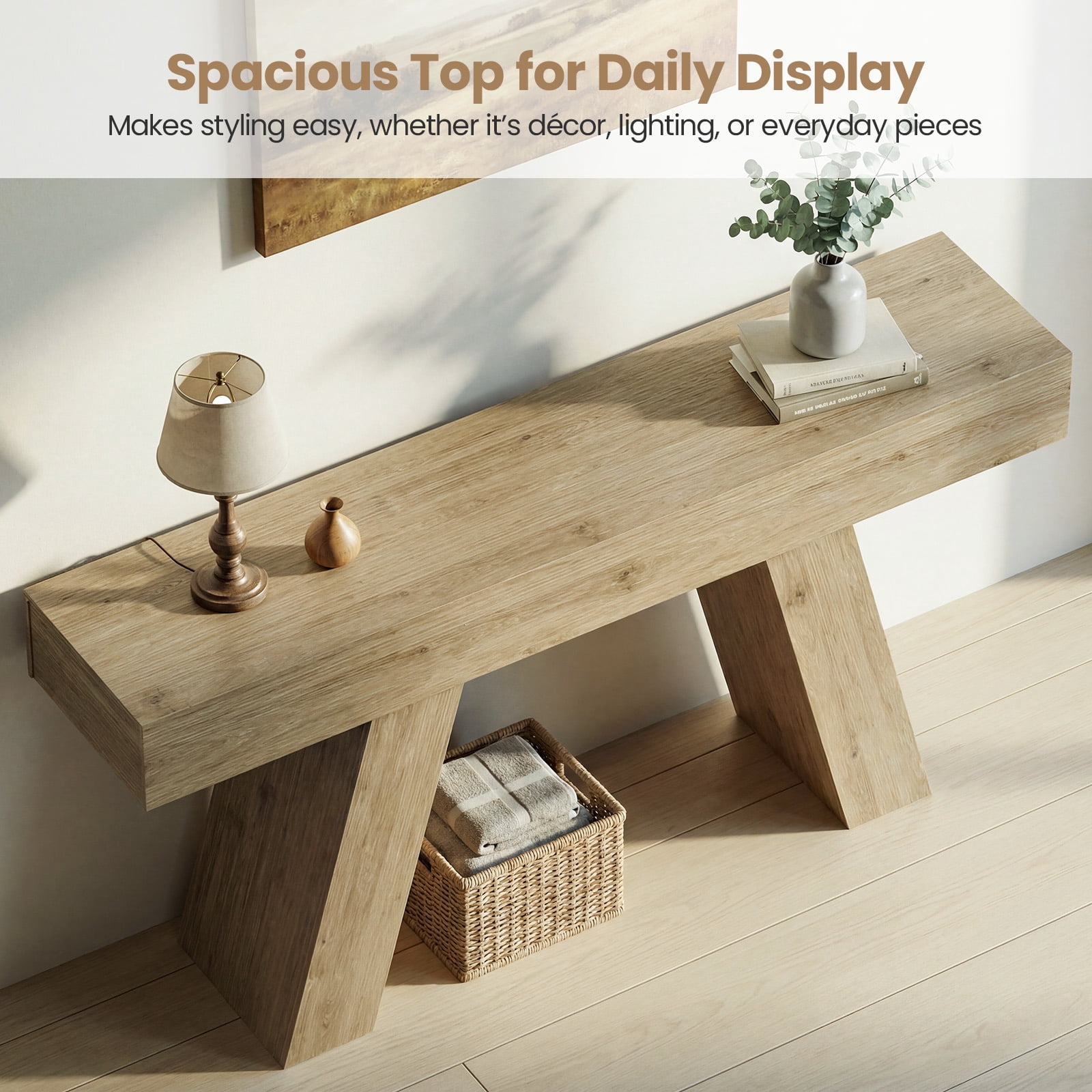 Advwin 63" Console Table with Storage Drawers, Extra Long Sofa Table for Entryway or Behind Couch, Farmhouse Narrow Hallway Table with Floor Protection Pads, Natural Wood