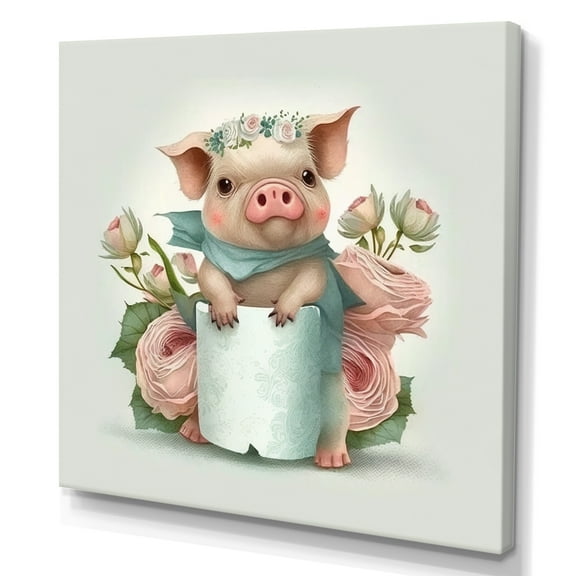Designart Pig With Roll Of Toilet Paper And Flowers II Canvas Wall Art