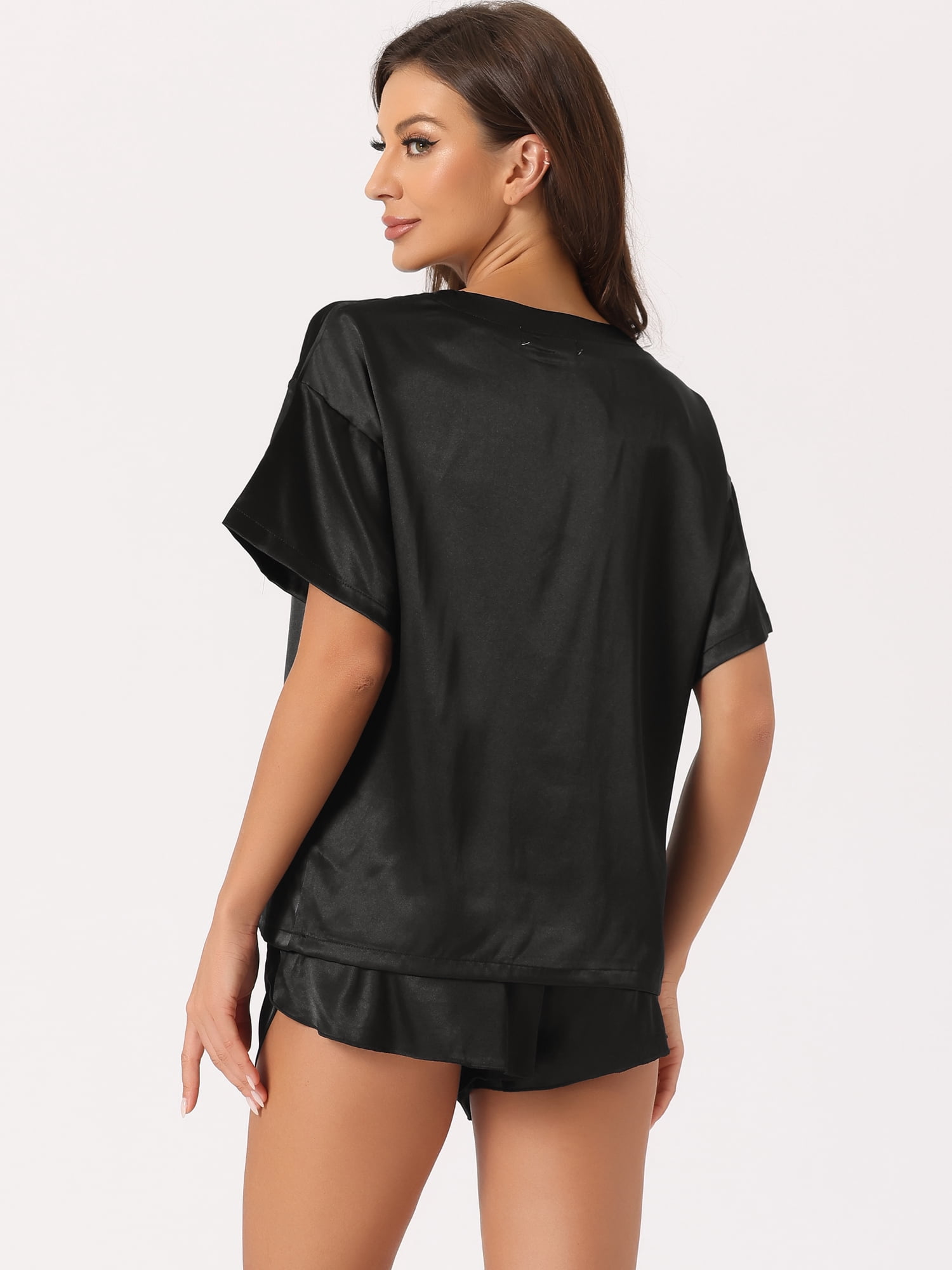 DARING DIVA Women's Satin Pajama Pullover T-shirt with Shorts Lounge Sets M Black