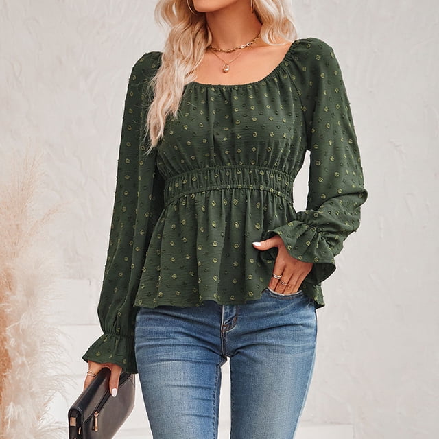 Blusa de manga larga con cintura fruncida, camisa de mujer con volantes y cuello redondo, blusa de manga larga con volantes, la mejor en su clase
