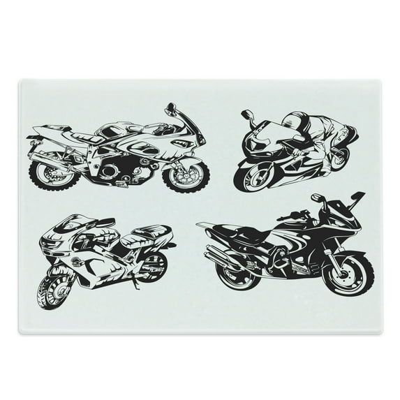 Motorcycle Cutting Board, Cartoon Motorbike Speed Race Sport Hobby Lifestyle on the Roads Print, Decorative Tempered Glass Cutting and Serving Board, Large Size, Orange Black, by Ambesonne