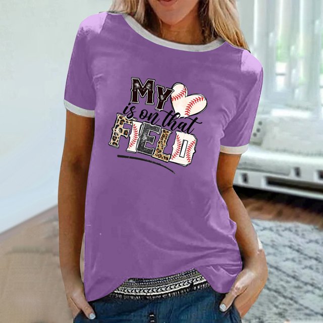 Aboser T-Shirts de Baseball Vintage pour Femmes, Tunique Décontractée à Col Rond, T-Shirt Imprimé Baseball Softball, Manches Courtes Décontractées, Chandail de Base