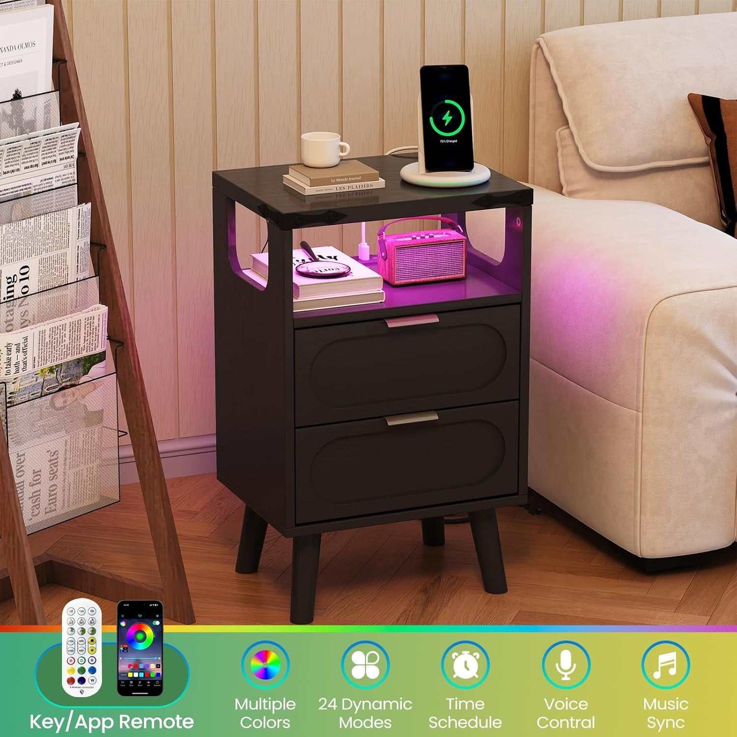 Smart LED Nightstand with Charging Station, Side Table with 2 Wooden Drawers, End Table with Open Shelf, Night Stand for Bedroom, Black