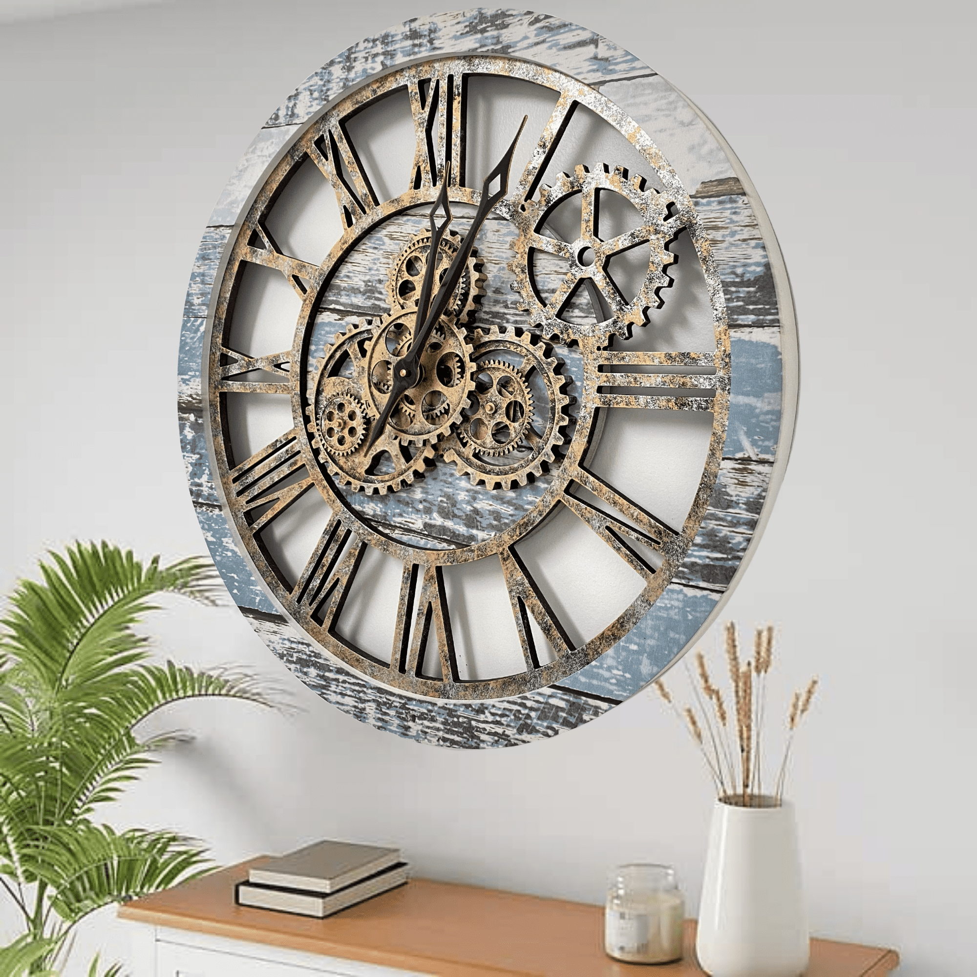 THE GEARS CLOCK Wall Clock with Real Moving Gears AM-LI_ 24 in Round Aqua-Green