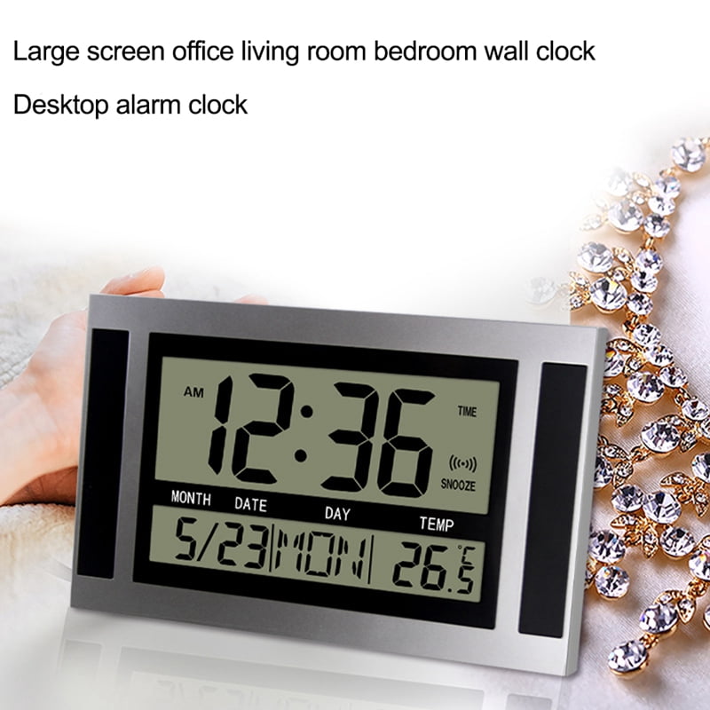 Digital Wall Clock LCD Large Number Time Temperature Calendar Alarm Table Desk Clock Modern Design Office Home Silver