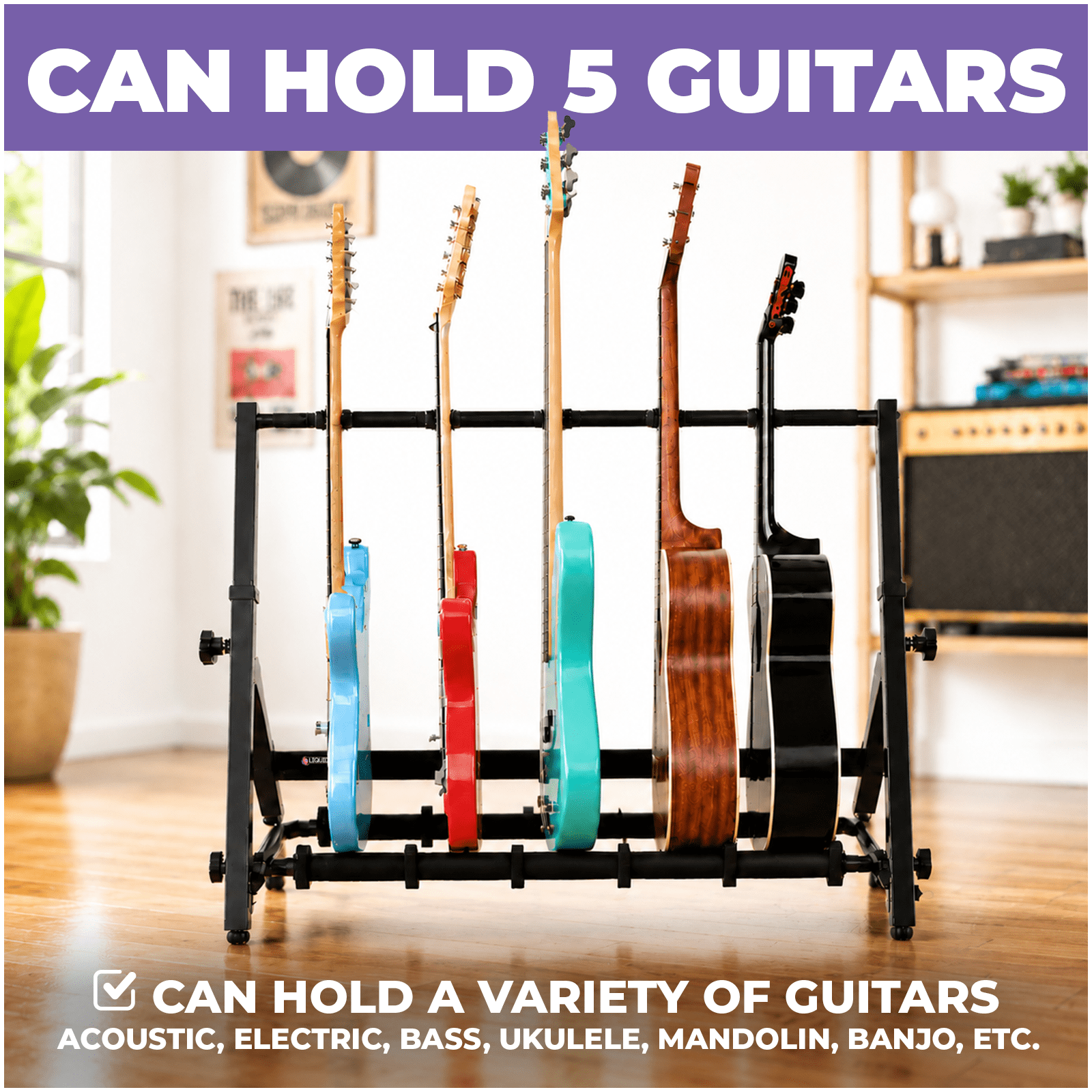 Liquid Stands Multi Guitar Stand Rack for 5 Guitars, Foldable Height Adjustable Design with 5 Neck Holders, 12 Foam Pad Separators, Floor Storage Guitar Rack for Multiple Instruments