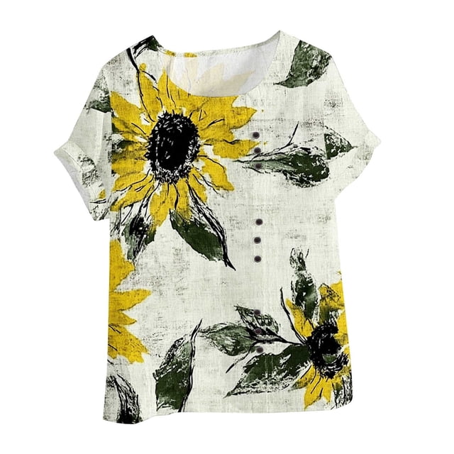 Vestidos Casuales Para Mujer, Blusas De Mujer De Moda Blusa tipo túnica informal de lino con estampado de peces y botones de manga corta para mujer