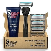 SHIJI65 4-Blade Razor Starter Set, 1 Handle, 4x4-blade Cartridges, 3oz Shave Cream, Silver/Blue
