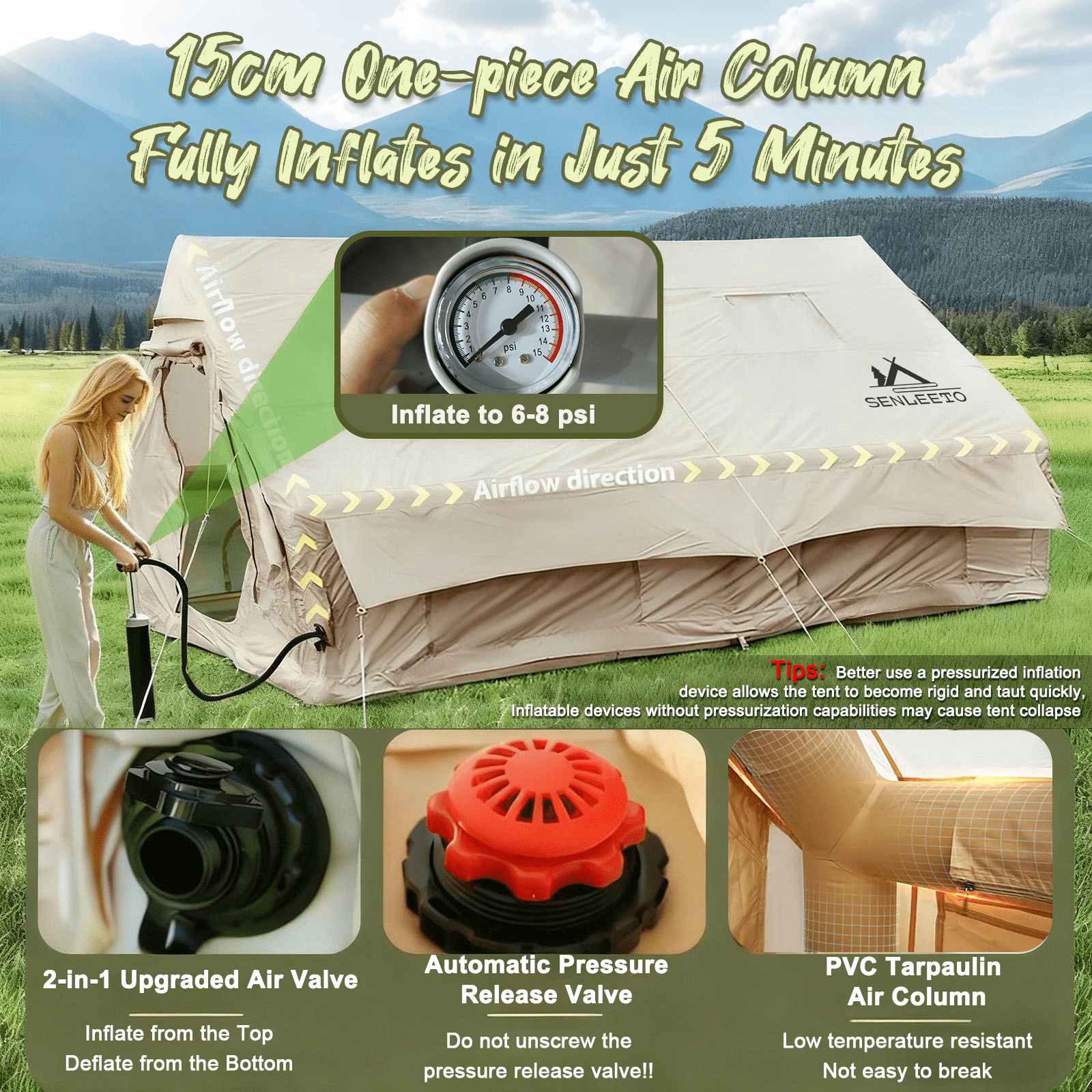 SENLEETO 13 X 10 Ft Inflatable Tents for Camping with tent fly 8 Person - 4 Season Blow Up Tent with Stove Jack And AC Port, Easy Setup Portable Air Tent for Family Glamping