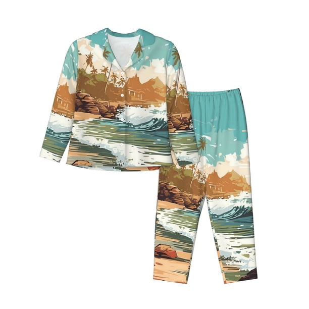 Balery Coastal Palm Beach Conjunto de Pijama con Estampado para Mujer, Conjunto de Dos Piezas con Manga Larga, Ropa de Dormir Suave con Bolsillos, Pijamas Cómodos-Medium