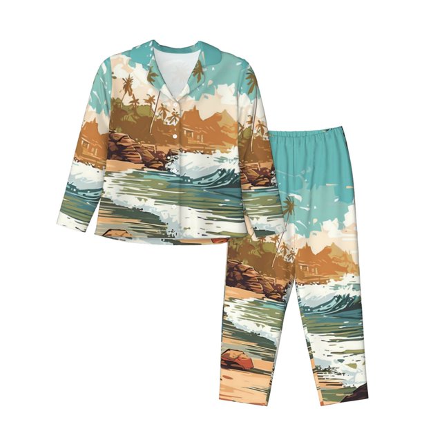 Balery Coastal Palm Beach Conjunto de Pijama con Estampado para Mujer, Conjunto de Dos Piezas con Manga Larga, Ropa de Dormir Suave con Bolsillos, Pijamas Cómodos-X-Large