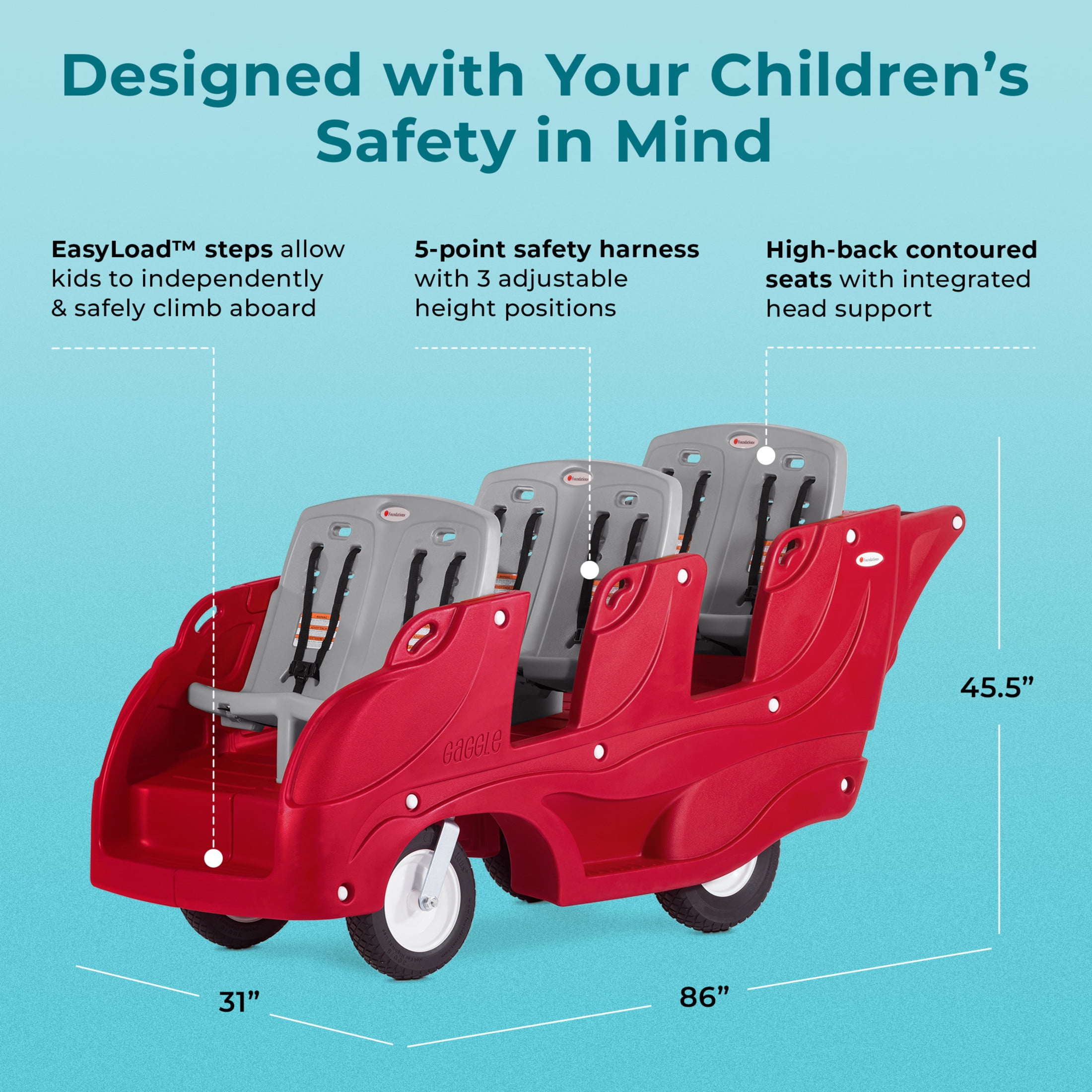 Foundations Gaggle Parade 6-Seat Buggy Stroller, Durable Multi-Child Daycare Stroller with Safety Harnesses, Red/Gray