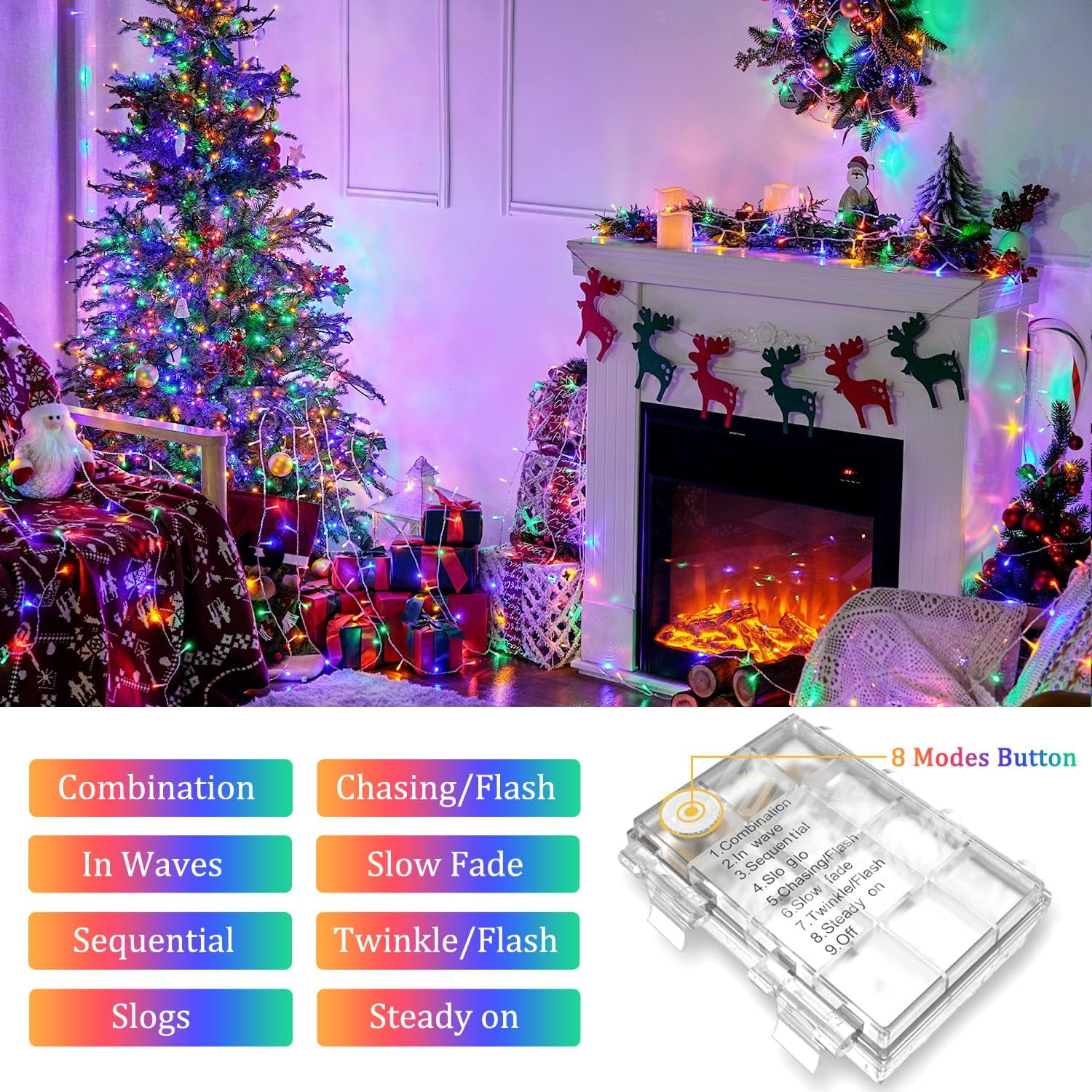Multicolor Christmas Lights Battery Operated with 8 Modes Remote Waterproof, 33ft 100 LED Battery Christmas Lights Indoor Outdoor for Tree Home Party Room Garden Decor