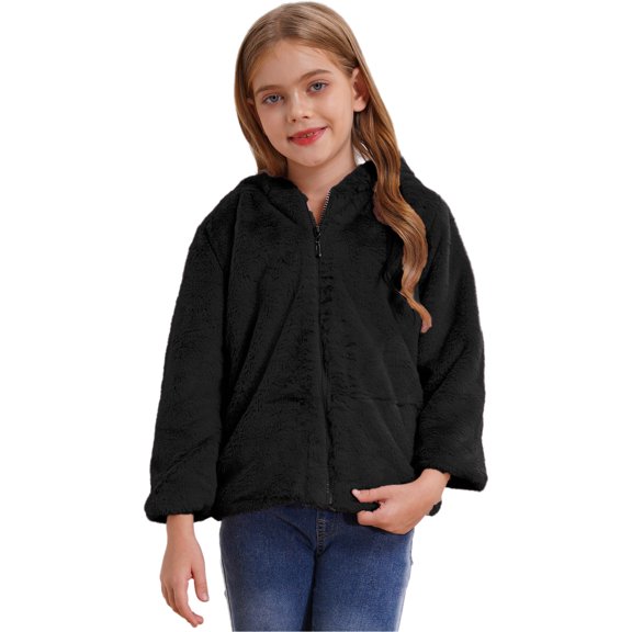 renvena Little Girls Winter Fleece Coats Faux Fur Hooded Jacket Long Sleeve Cartoon Owl Warm Cardigan Overcoat Black 14
