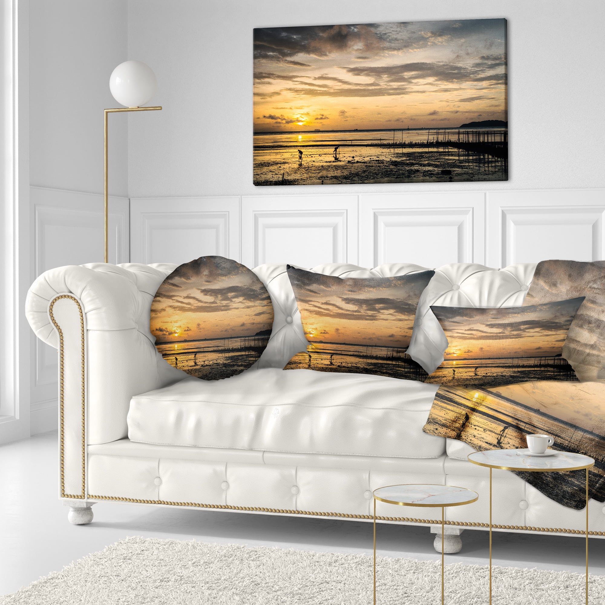 Designart Dawn at Seaside during Low Tide - Modern Seashore Throw Pillow - 12x20
