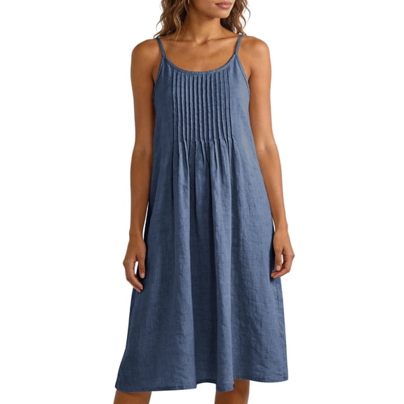 fheaev Women's Midi Dress Adjustable Spaghetti Strap Sleeveless Pleated Front Flowy for Casual Navy XL