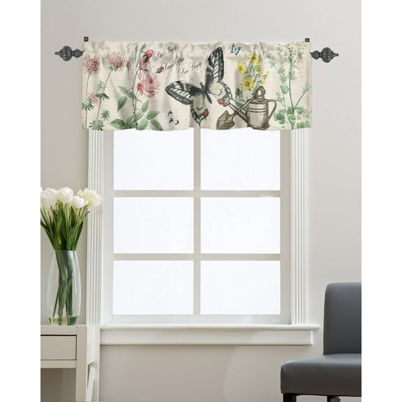 Kitchen Cafe Valance Curtain for Small Windows,French Country Garden Butterfly Floral Watering Can Rod Pocket Valances Farm Flower Plant Window Treatment for Living Room/Bedroom/Bathroom,54x18in