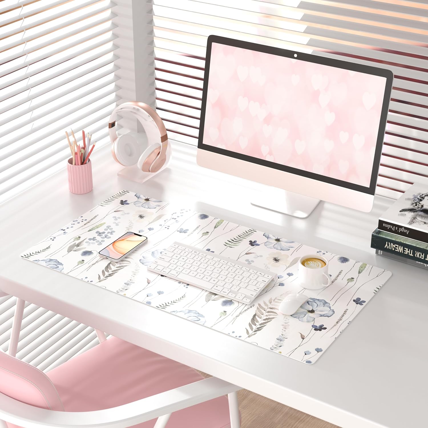 Large Mouse Pad for Desk, Cute Desk Mat for Desktop, Women Girls Office Décor Desk Accessories, PU Leather Waterproof Gaming Mousepad, Watercolor Blue Flowers Desk Pad Computer Mat, 31.5" x 15.7"