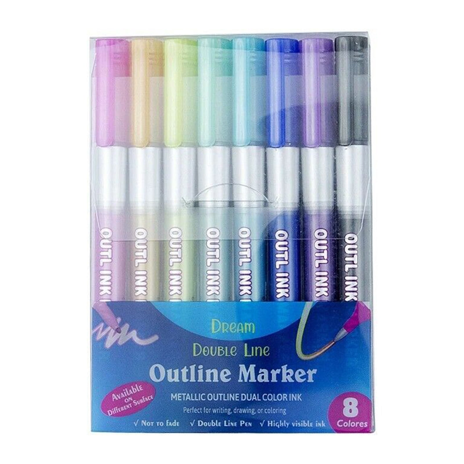 Outline Metallic Marker Pens 12 Colors Double Line Writing Drawing Highlighter 
