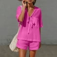 thumbnail image 3 of Pounoo Linen Sets for Women 2 Piece Tie Front V Neck Short Sleeve Tops Cuffed Hem Shorts Summer Beach Vacation Casual Matching Outfits Gift, 3 of 9