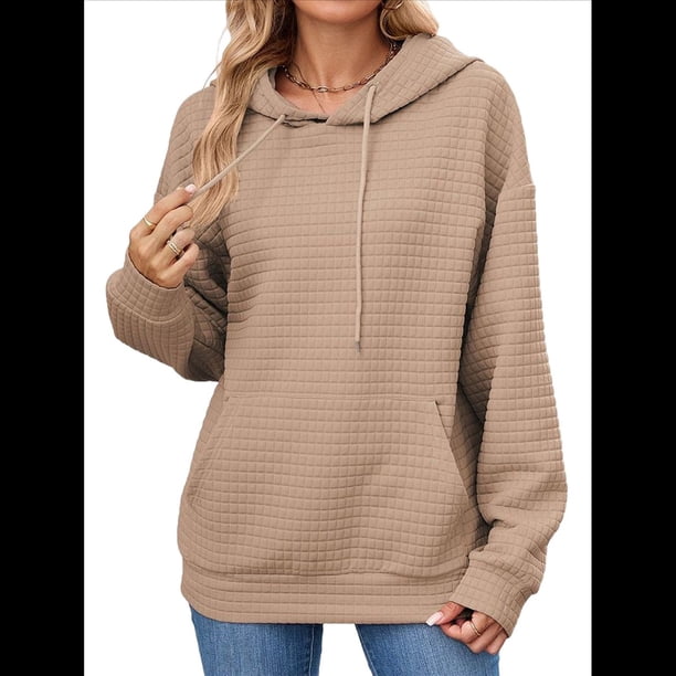 Sudadera con Capucha para Mujer, Informal, de Larga, con Cordón Ajustable, Estilo Waffle, Holgada, con Bolsillo. Caqui L