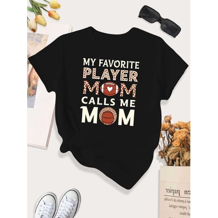 Retro Leopard Sports Mom T-Shirt My Favorite Player Calls Me Mom Football Basketball Game Day Graphic Tee for Women