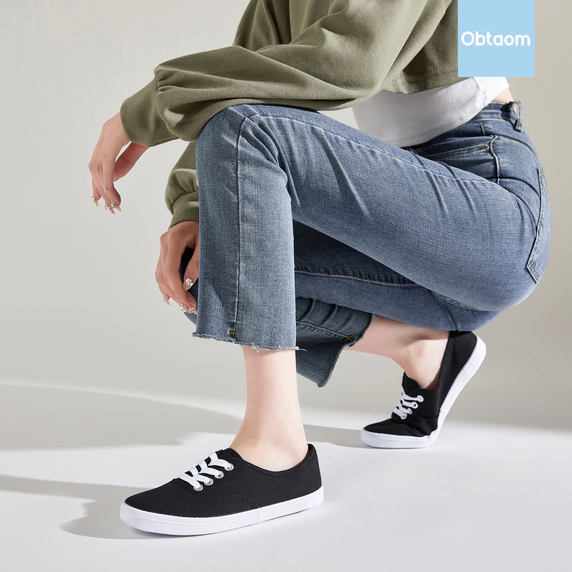 Obtaom Women’s Canvas Sneakers Fashion Lace Up Canvas Shoes,Low Top Casual Flat,Lightweight Tennis Shoes.(Black,US10)
