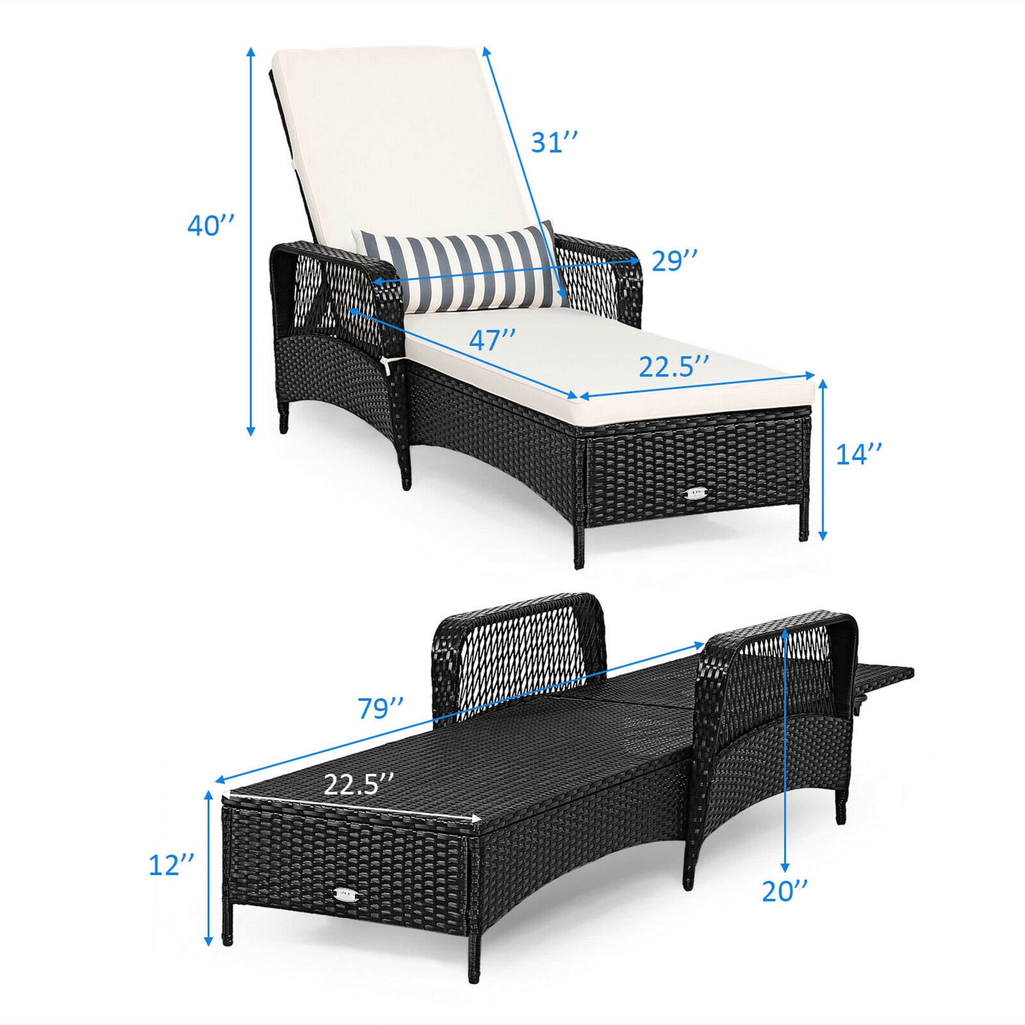 Gymax with Cushion PE Wicker Outdoor Chaise Lounge - Off-White and Black