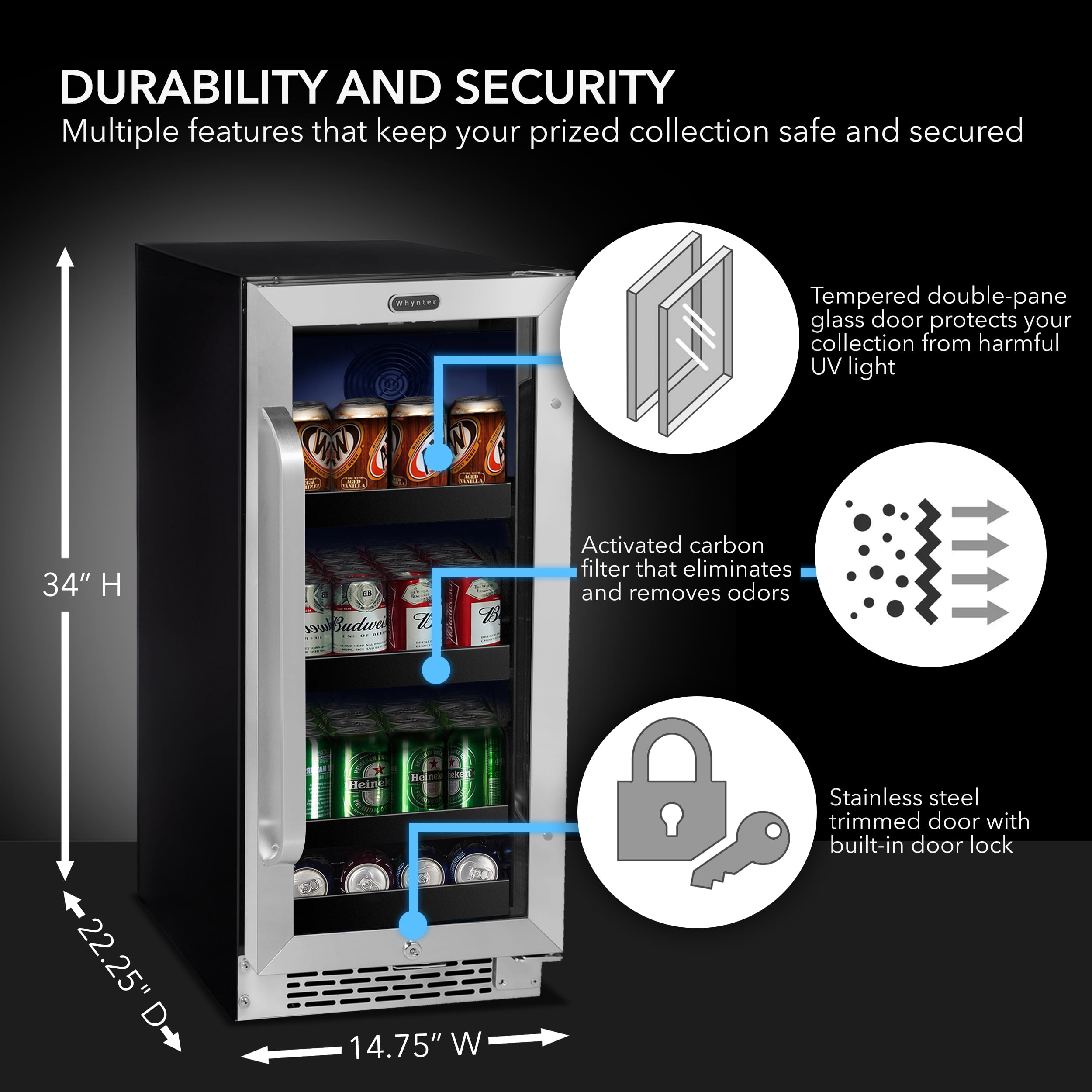 Whynter BBR-838SB 15 Inch Built-In 80-Can Beverage Refrigerator, Reversible Glass Door, Lock, Carbon Filter