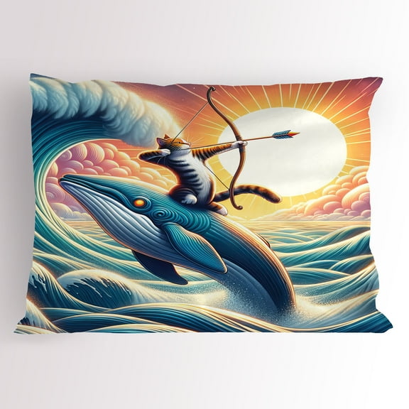 Ambesonne Nautical Pillow Sham, Archer Wild Cat on a Whale, 36" X 20", Teal Purple and Orange