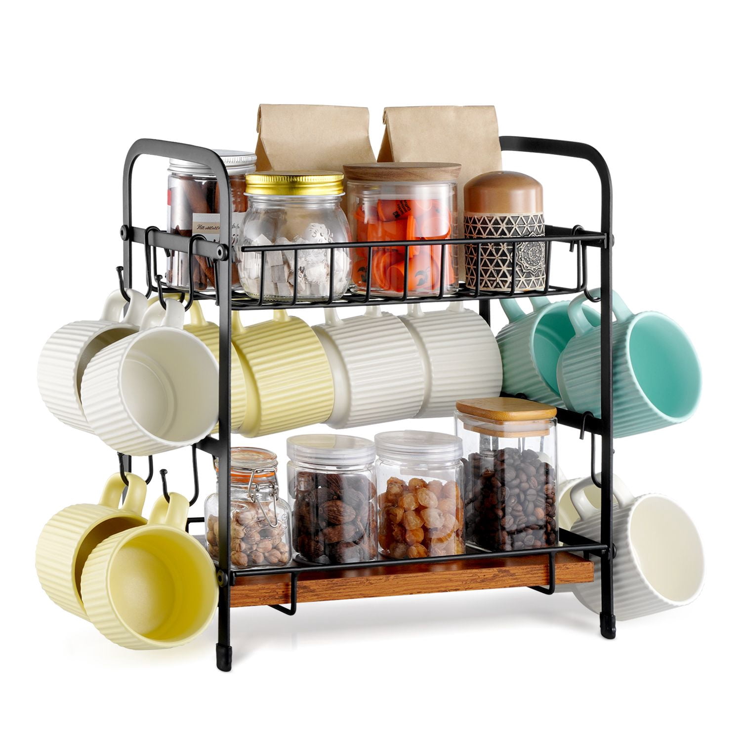Coffee Bar Organizer 12 Hooks 2-Tier Carbon Steel Countertop Rack for Kitchen Office Breakroom